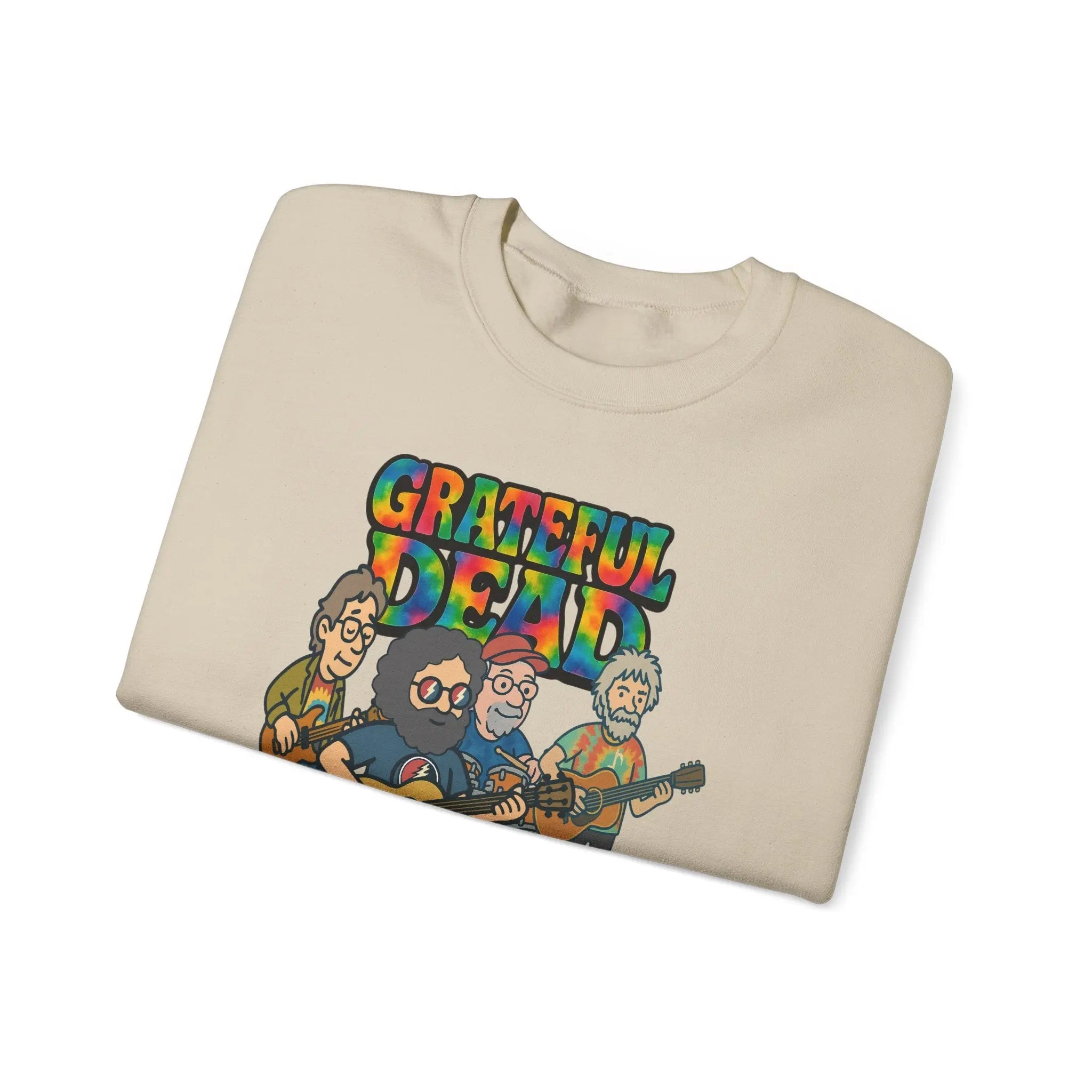 Light sand crewneck sweatshirt laid flat with Grateful Dead band chest graphic
