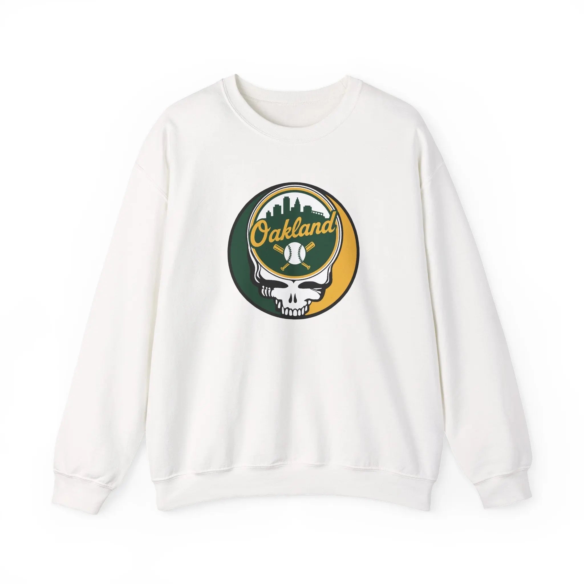 White crewneck sweatshirt with Oakland logo skull graphic on the chest