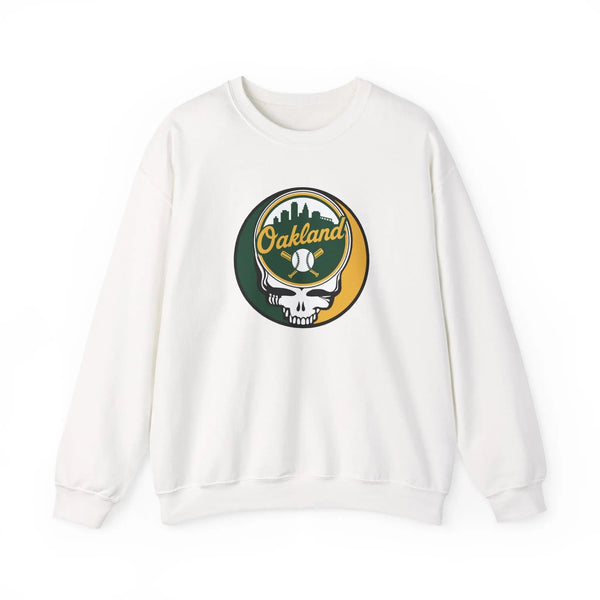 White crewneck sweatshirt with Oakland logo skull graphic on the chest