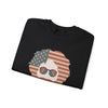 Black crewneck sweatshirt with American flag face graphic and sunglasses, folded