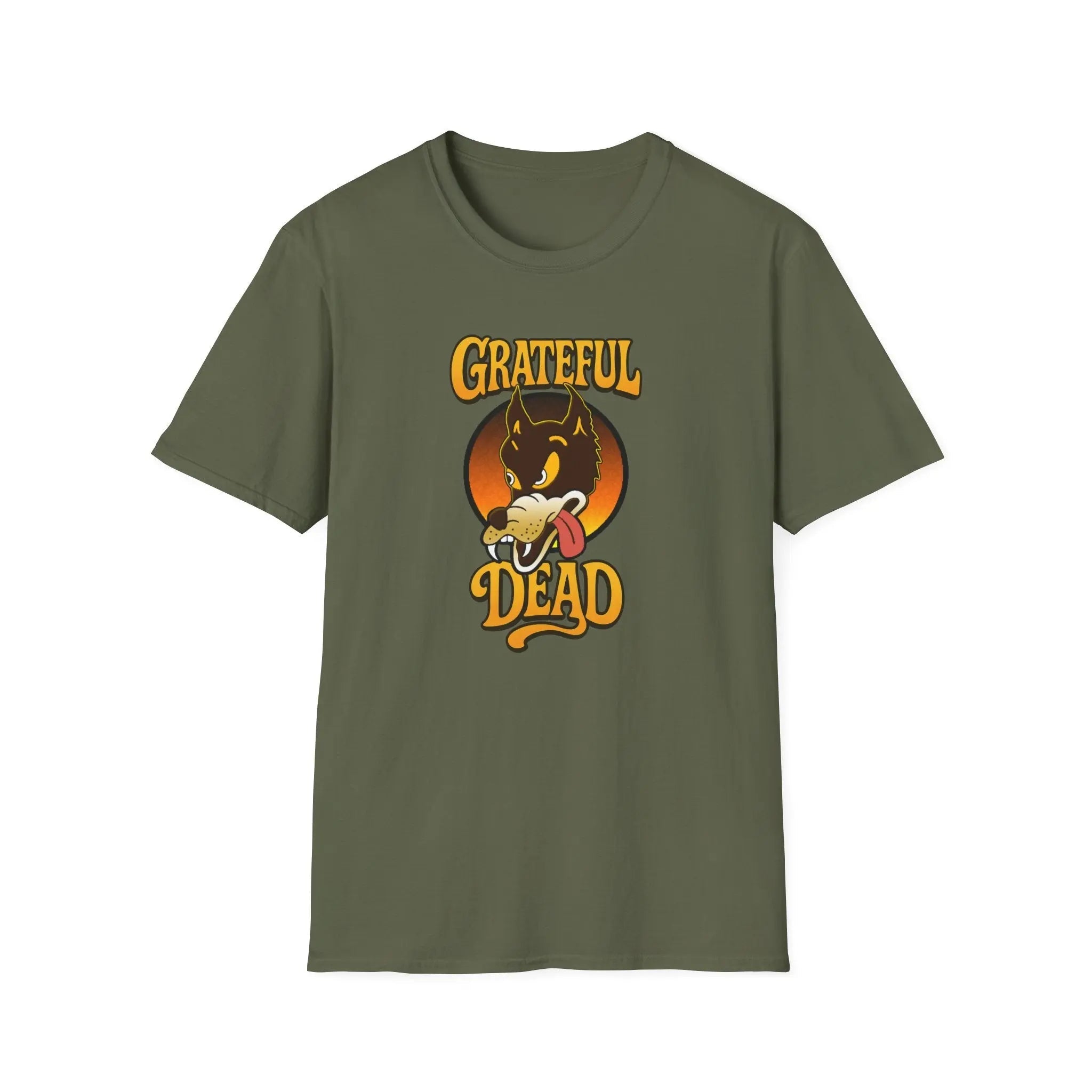 Olive green T-shirt with front graphic of wolf head and “Grateful Dead” text