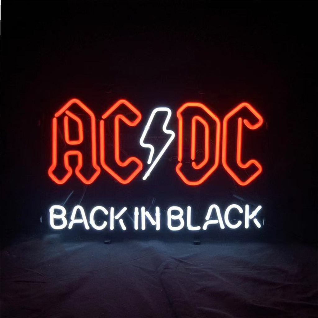 Neon sign with AC/DC in red and BACK IN BLACK in white lettering