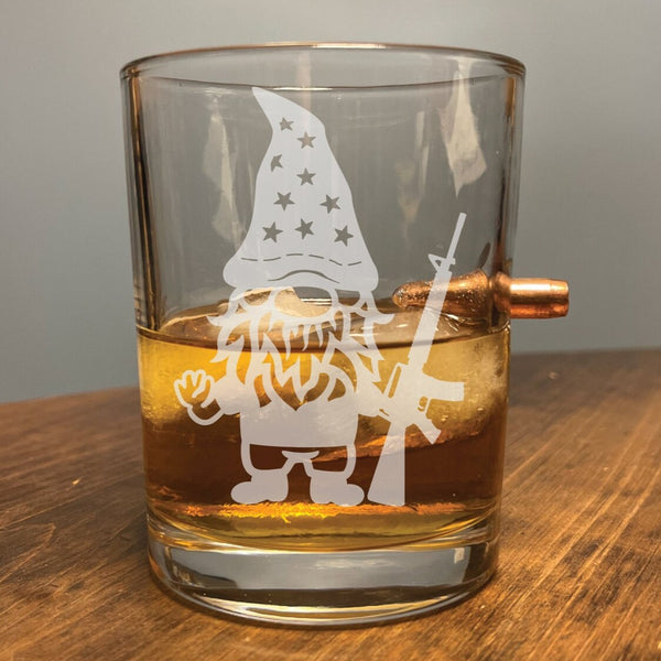 AR Gnome with .308 Bullet - Laser Etched Whiskey Glass For the Bar Bald Eagle Products