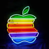 Neon apple logo sign with green leaf and horizontal rainbow light strips