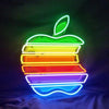 Neon apple logo sign with green leaf and rainbow stacked neon lines