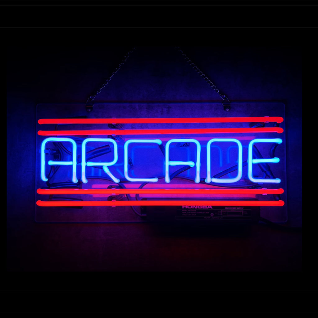 Neon arcade sign reading 'ARCADE' with blue letters and red horizontal stripes, hanging