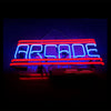 Neon arcade sign with 'ARCADE' lettering, red top bar and blue tube center, wall-hung