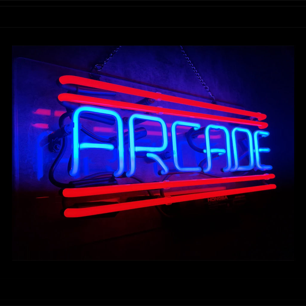 Neon arcade sign showing 'ARCADE' text with red bars and blue/purple tube outlines