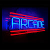 Neon arcade sign showing 'ARCADE' text with red bars and blue/purple tube outlines