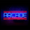 Neon arcade sign reading 'ARCADE' with blue letters and red horizontal stripes, hanging