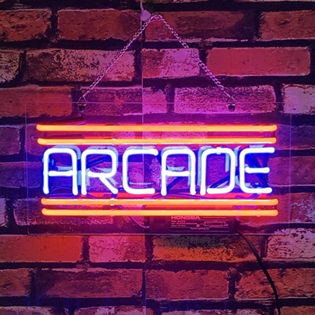 Neon arcade sign on chain mount, 'ARCADE' in blue tubes with orange-red bars