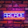 Neon arcade sign on chain mount, 'ARCADE' in blue tubes with orange-red bars