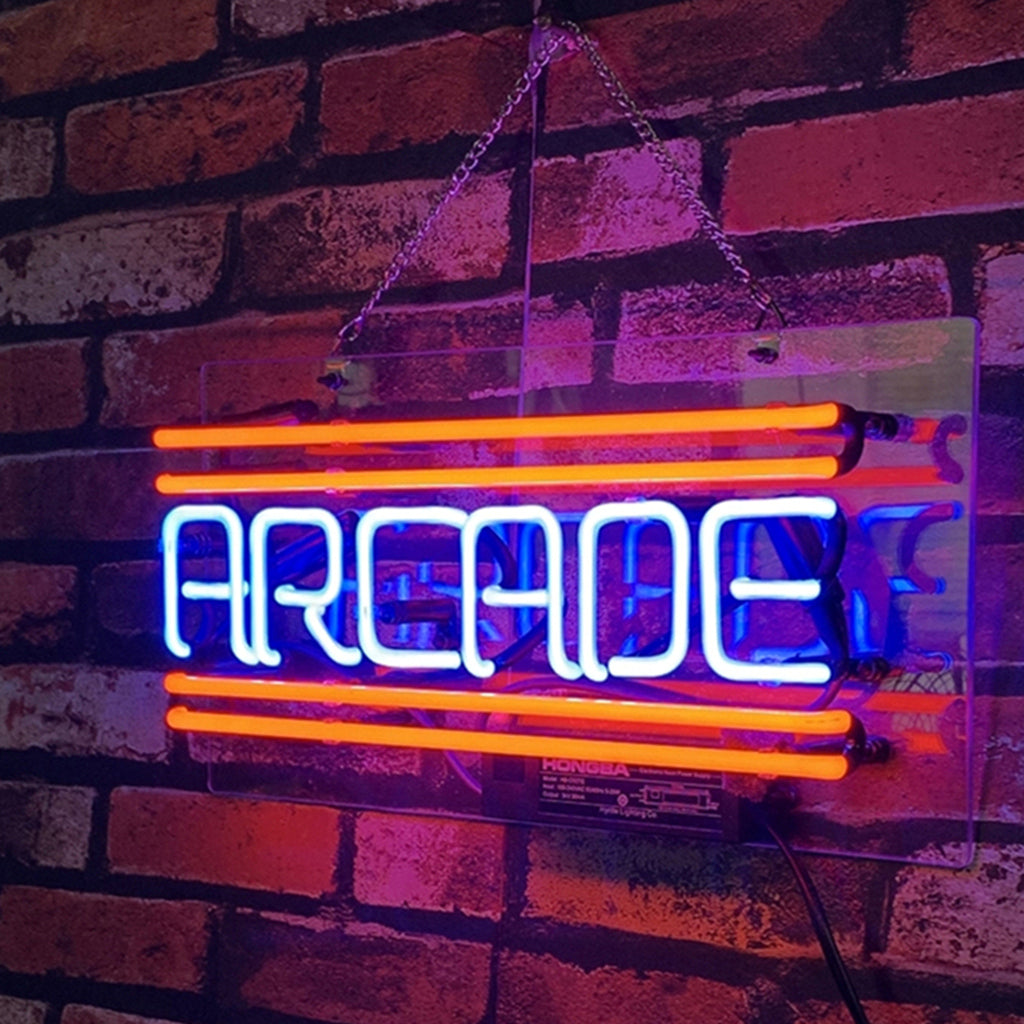 Neon arcade sign reading 'ARCADE', blue tube letters with orange-red glow bars