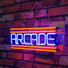 Neon arcade sign reading 'ARCADE', blue tube letters with orange-red glow bars