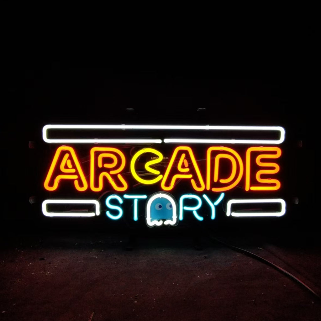 Neon sign “ARCADE STORY” with white tubing, orange/yellow letters, blue ghost.
