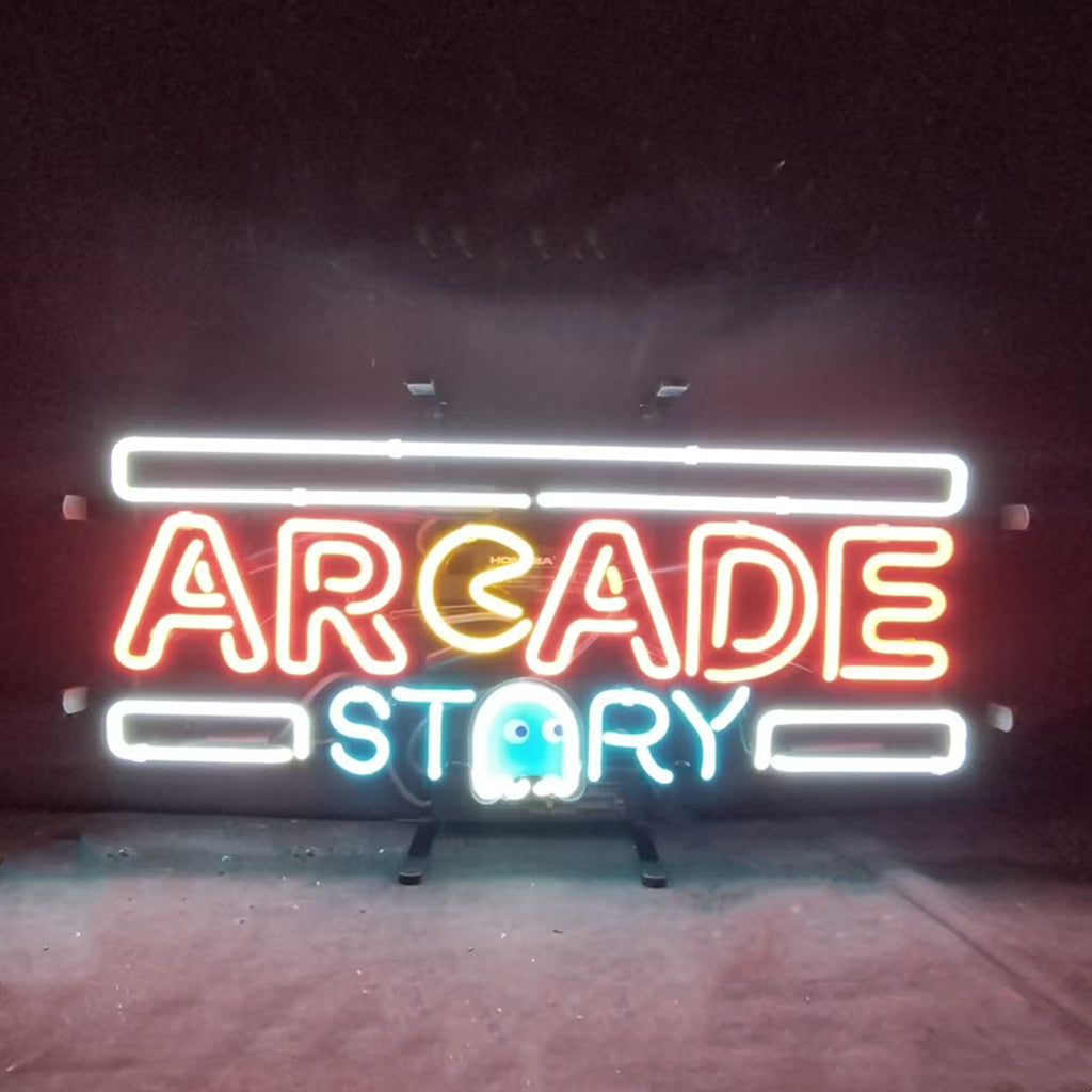 Neon sign “ARCADE STORY” with white rails, orange letters, blue ghost detail.