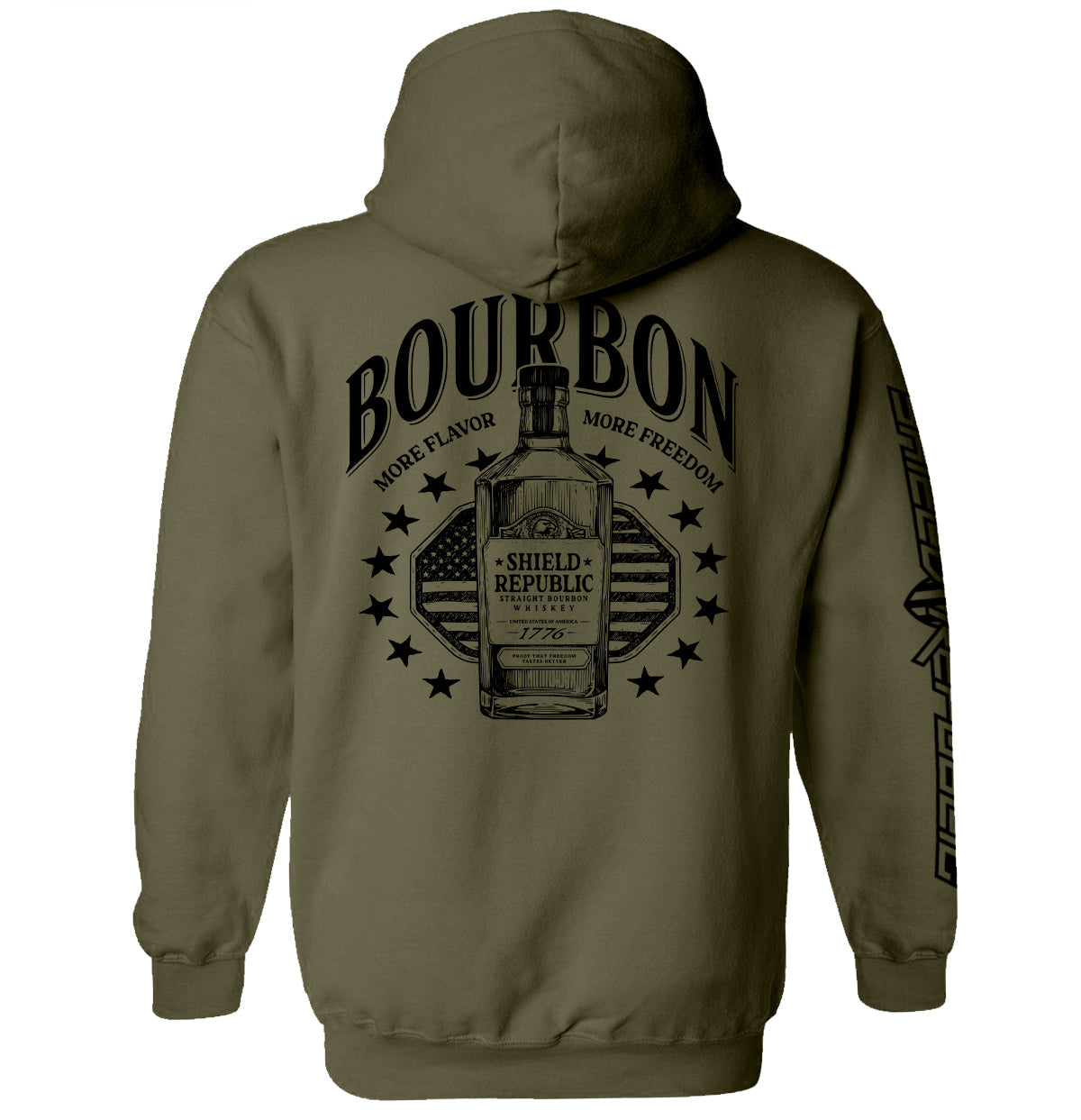 Olive green graphic hoodie with bottle and stars emblem on back, long sleeves
