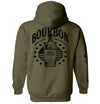 Olive green graphic hoodie with bottle and stars emblem on back, long sleeves