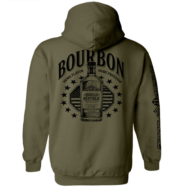 Olive green graphic hoodie with bottle and stars emblem on back, long sleeves
