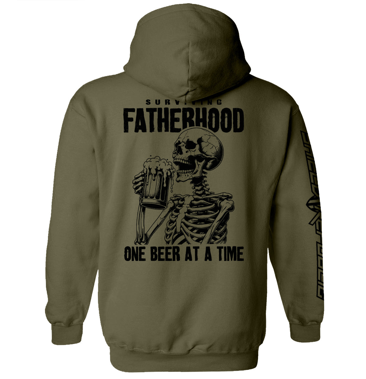 Dark olive hoodie with skeleton holding beer and 'Surviving Fatherhood' back print