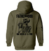 Dark olive hoodie with skeleton holding beer and 'Surviving Fatherhood' back print