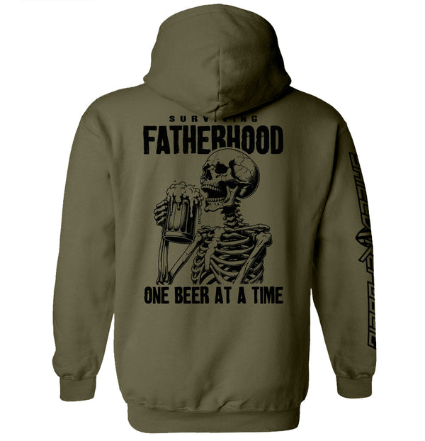 Dark olive hoodie with skeleton holding beer and 'Surviving Fatherhood' back print