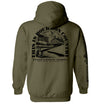 Olive pullover hoodie with large back Bourbon Country graphic print and vertical sleeve logo