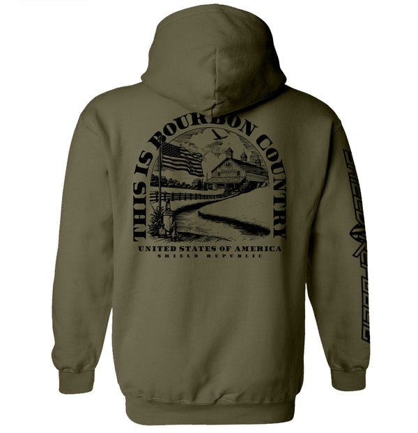 Olive pullover hoodie with large back Bourbon Country graphic print and vertical sleeve logo