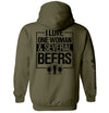 Military green hoodie with 'I LOVE ONE WOMAN & SEVERAL BEERS' back graphic and beer mugs