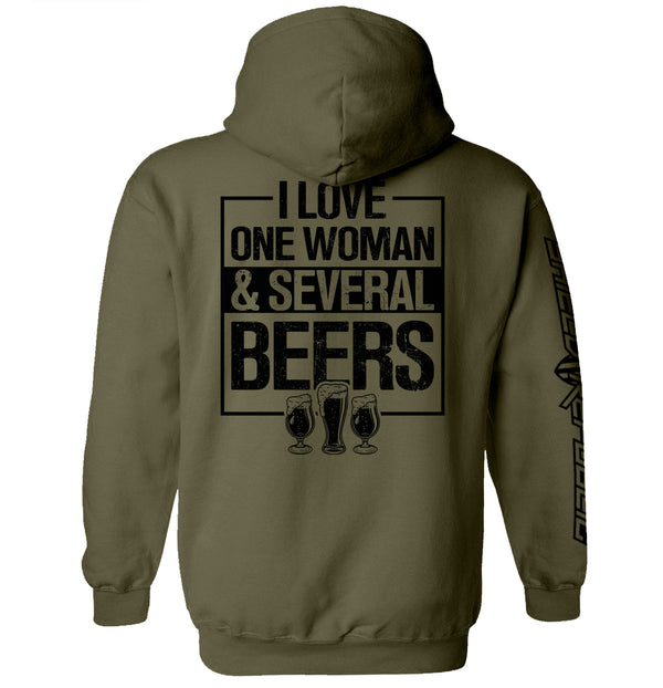 Military green hoodie with 'I LOVE ONE WOMAN & SEVERAL BEERS' back graphic and beer mugs