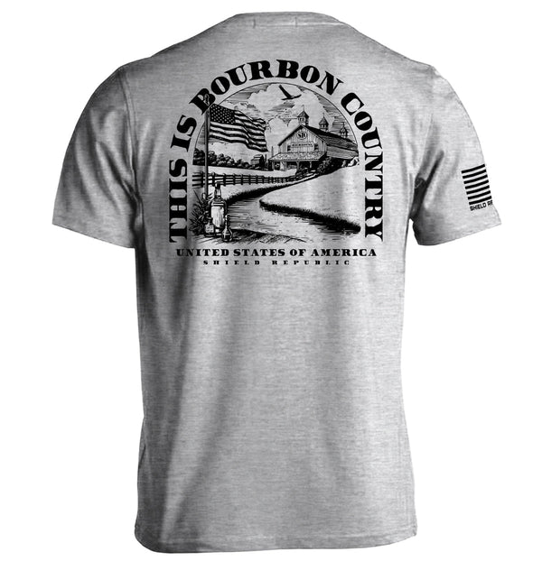 Sport grey short-sleeve T-shirt with large back Bourbon Country graphic and sleeve emblem