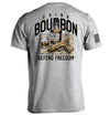 Gray crewneck tee with back Drink Bourbon graphic, whiskey bottle and DEFEND FREEDOM