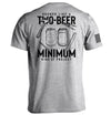 Grey graphic T-shirt, back print of two beer cans with bold "MINIMUM" text