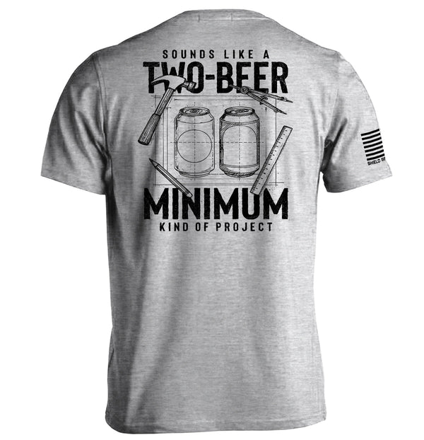 Grey graphic T-shirt, back print of two beer cans with bold "MINIMUM" text