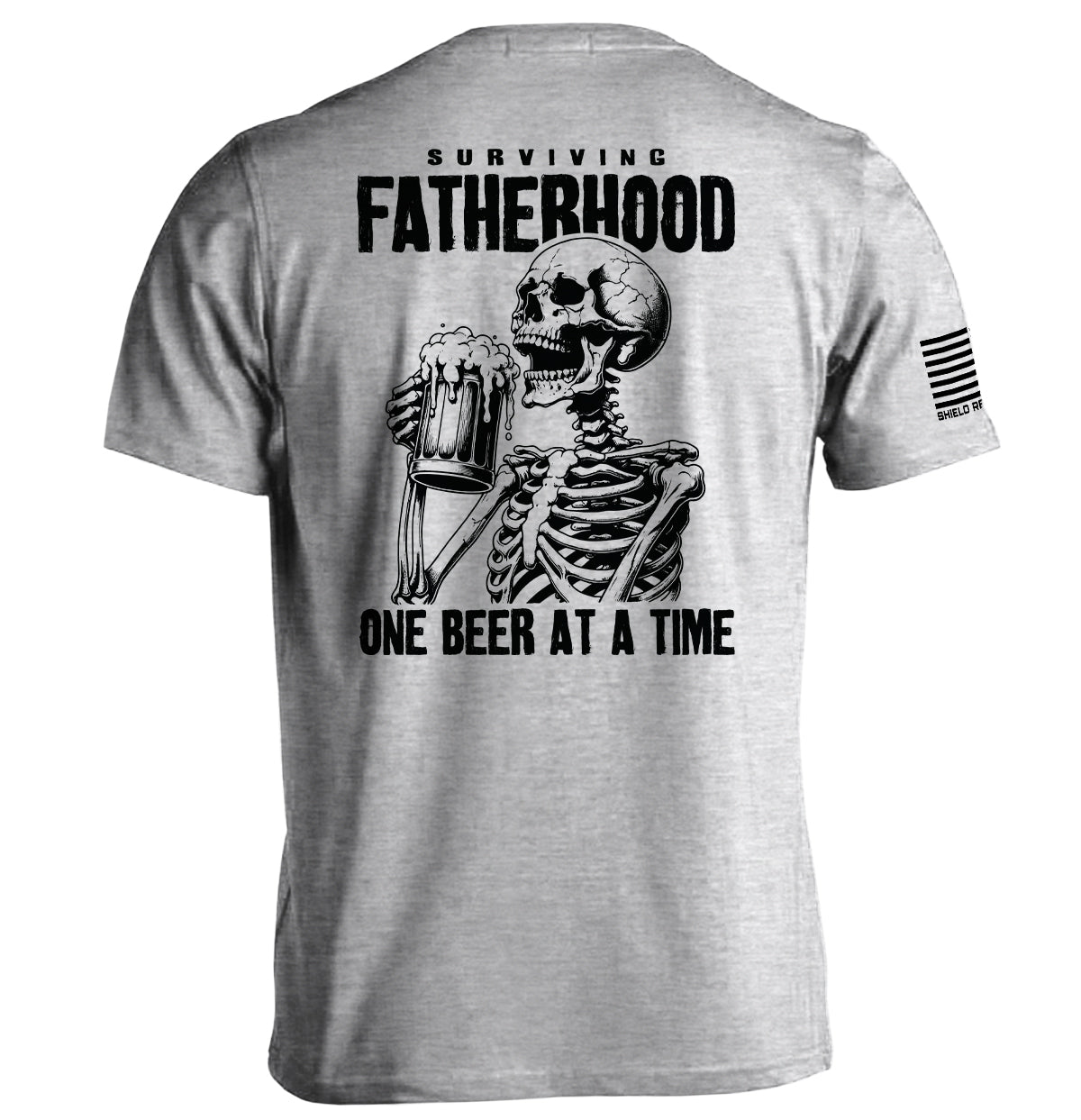 Sport grey T-shirt with skeleton holding beer and 'Surviving Fatherhood' text print