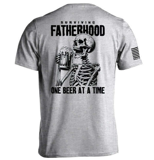Sport grey T-shirt with skeleton holding beer and 'Surviving Fatherhood' text print