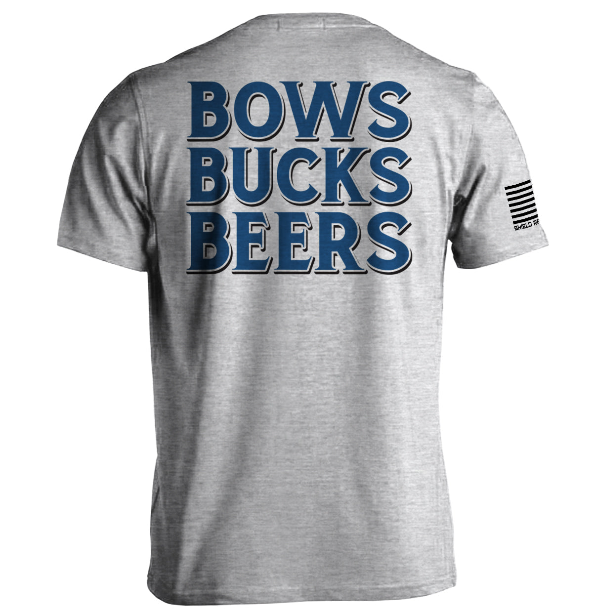 Sport grey T-shirt, back graphic text 'BOWS BUCKS BEERS' in navy