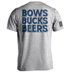 Sport grey T-shirt, back graphic text 'BOWS BUCKS BEERS' in navy