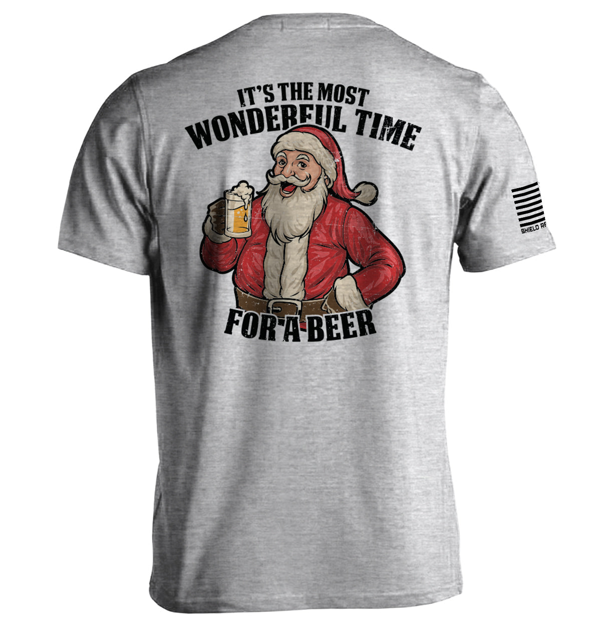 Sport grey T-shirt with Santa beer graphic on back and black sleeve stripe text