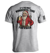 Sport grey T-shirt with Santa beer graphic on back and black sleeve stripe text