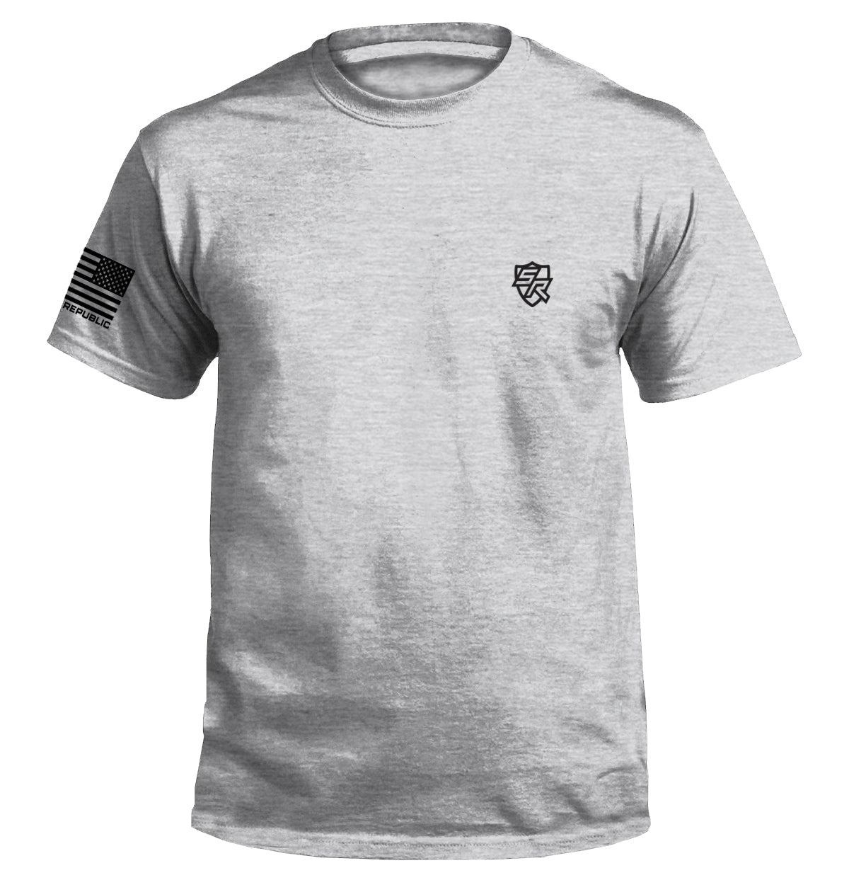 Grey short-sleeve T-shirt, front small chest logo, side sleeve logo patch
