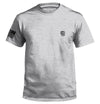 Sport gray T-shirt, small chest logo on front; U.S. flag patch on sleeve