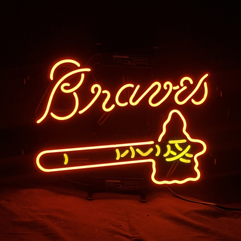 Neon Braves baseball logo sign, glowing orange-red script and bat-glove outline