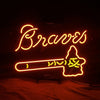 Neon Braves baseball logo sign, glowing orange-red script and bat-glove outline