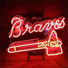 Neon Braves logo sign with Braves script and tomahawk, red and white glow