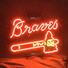 Neon Braves baseball logo neon sign on stand, red glowing Braves script and bat