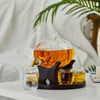 Barrel whiskey decanter set with spigot, base tray, and 2 glass cups