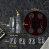 Whiskey decanter set parts with size guide for stand, decanter, and glasses