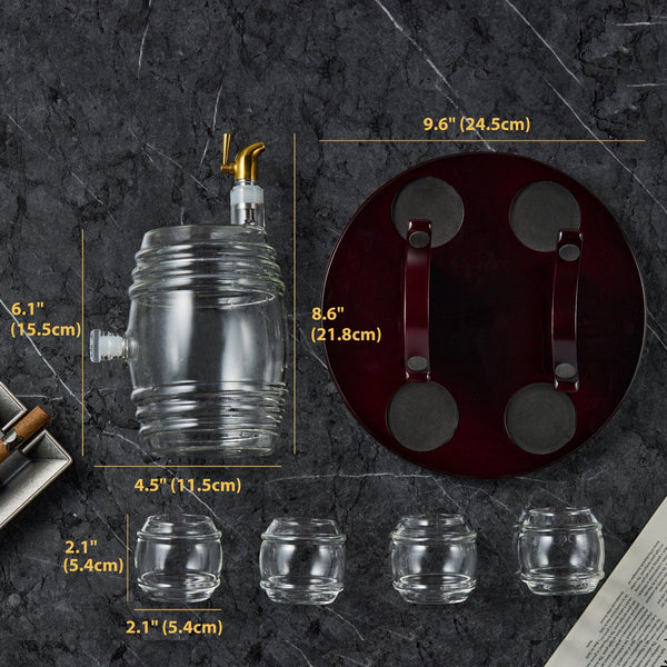 Whiskey decanter set parts with size guide for stand, decanter, and glasses