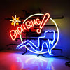 Neon girl sign with Bada Bing text and cocktail glass, red, yellow, blue, white light